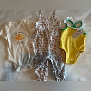 NWT - Floral Baby Romper/ Ivory Onesie w Logo/ Yellow Swimsuit - All are 3-6mths